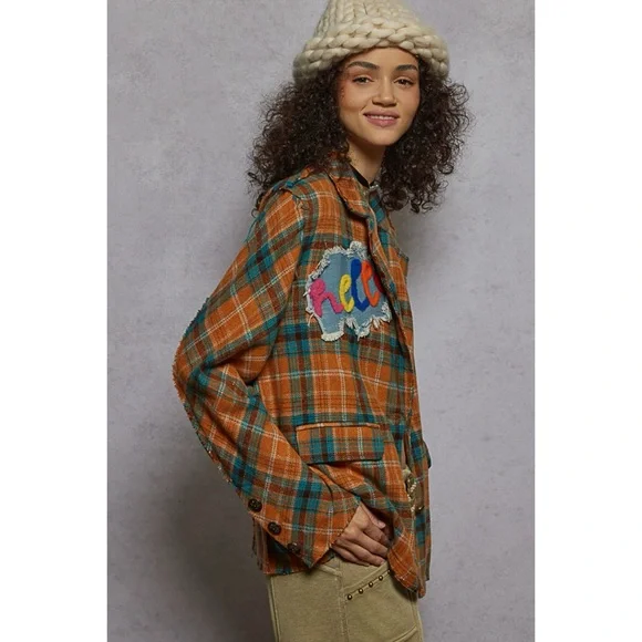 POL Orange Plaid Blazer | Brushed Flannel Patchwork Jacket - Picture 2 of 4